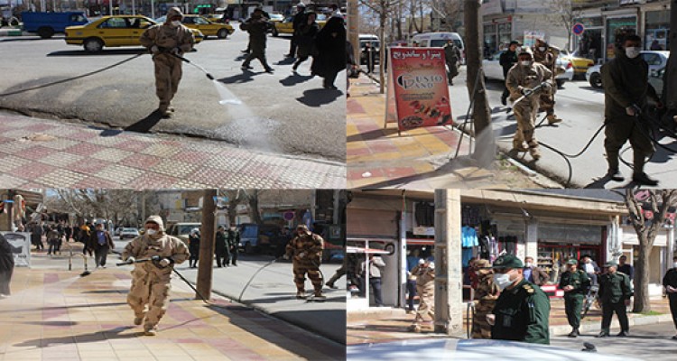 گند زدایی و ضدعفونی معابر هرسین توسط یگان جنگ نوین سپاه حضرت نبی اکرم(ص) استان 