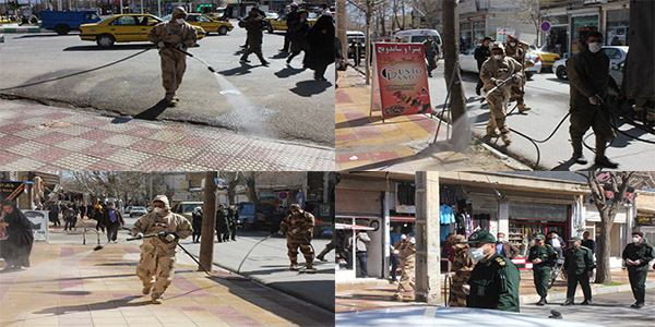 گند زدایی و ضدعفونی معابر هرسین توسط یگان جنگ نوین سپاه حضرت نبی اکرم(ص) استان 